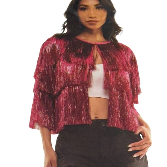 Pink Tinsel Fringe Jacket for costumes NWT woman's large / XL - Picture 1 of 3